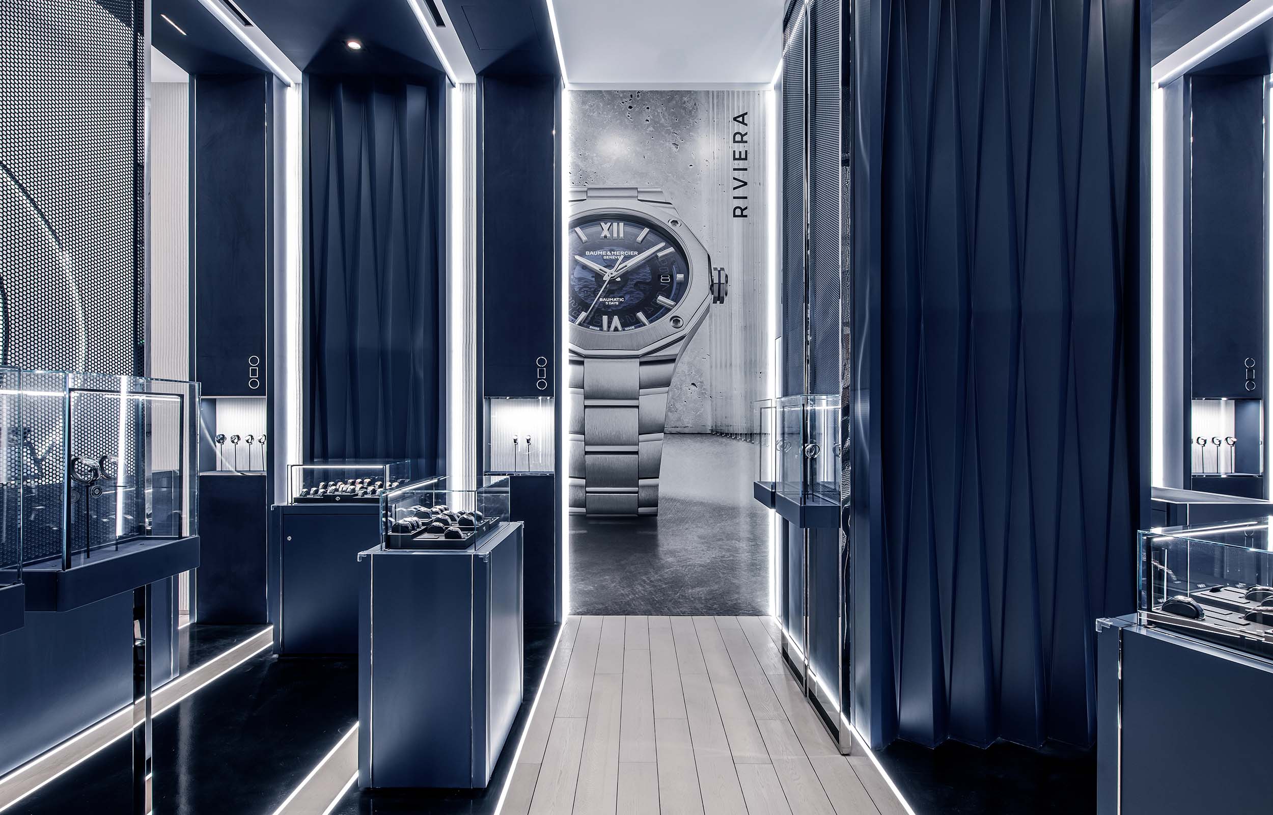 Pop-Up Boutique-Konzept Uhrenladen. Ansicht Uhrenvitrinen und Counter. Baume & Mercier - MACH Architektur.